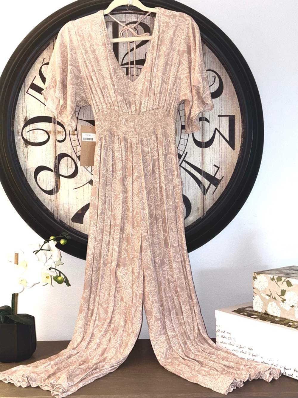 Taupe Lace-Print Jumpsuit